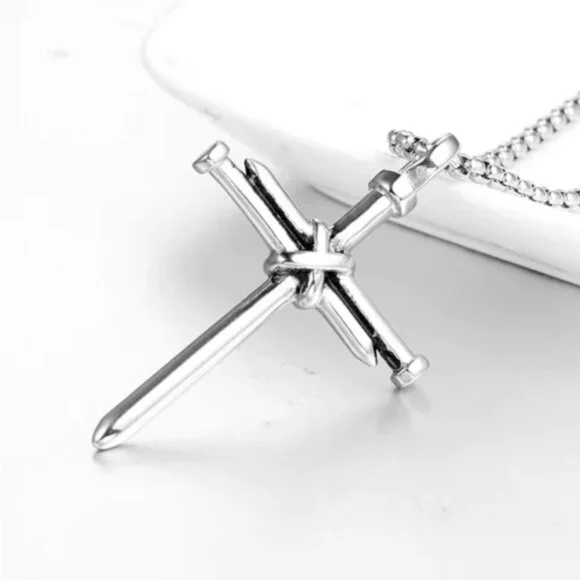 !! Sold Cross 3 Nail Necklace Religious Christian Statement Steel Silver Unisex - Picture 2 of 13